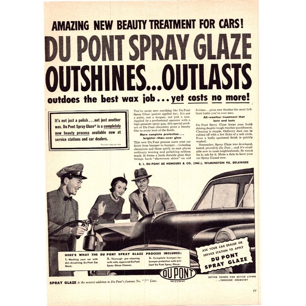 1950 Dupont Spray Glaze Car Wax Coating Vintage Print Ad 50s Man Cave Wall Art